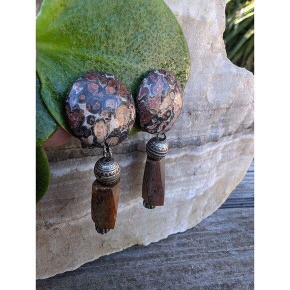 Vintage Leopard Skin Jasper Stone Clip On Earrings - Picture 10 of 10